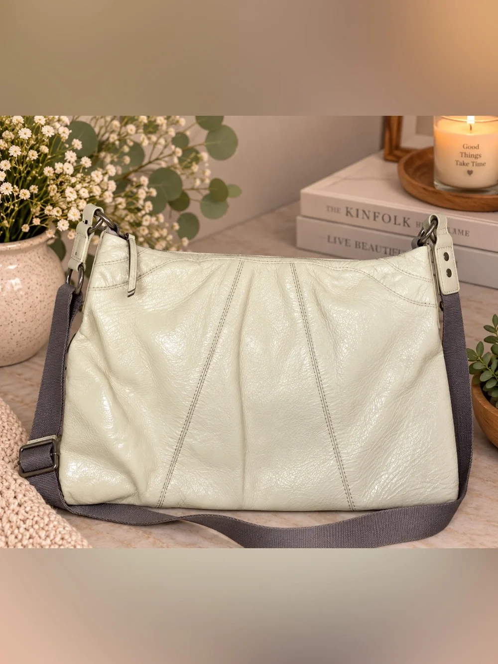 HOBO International Cream Patent Leather Slouchy Shoulder Bag